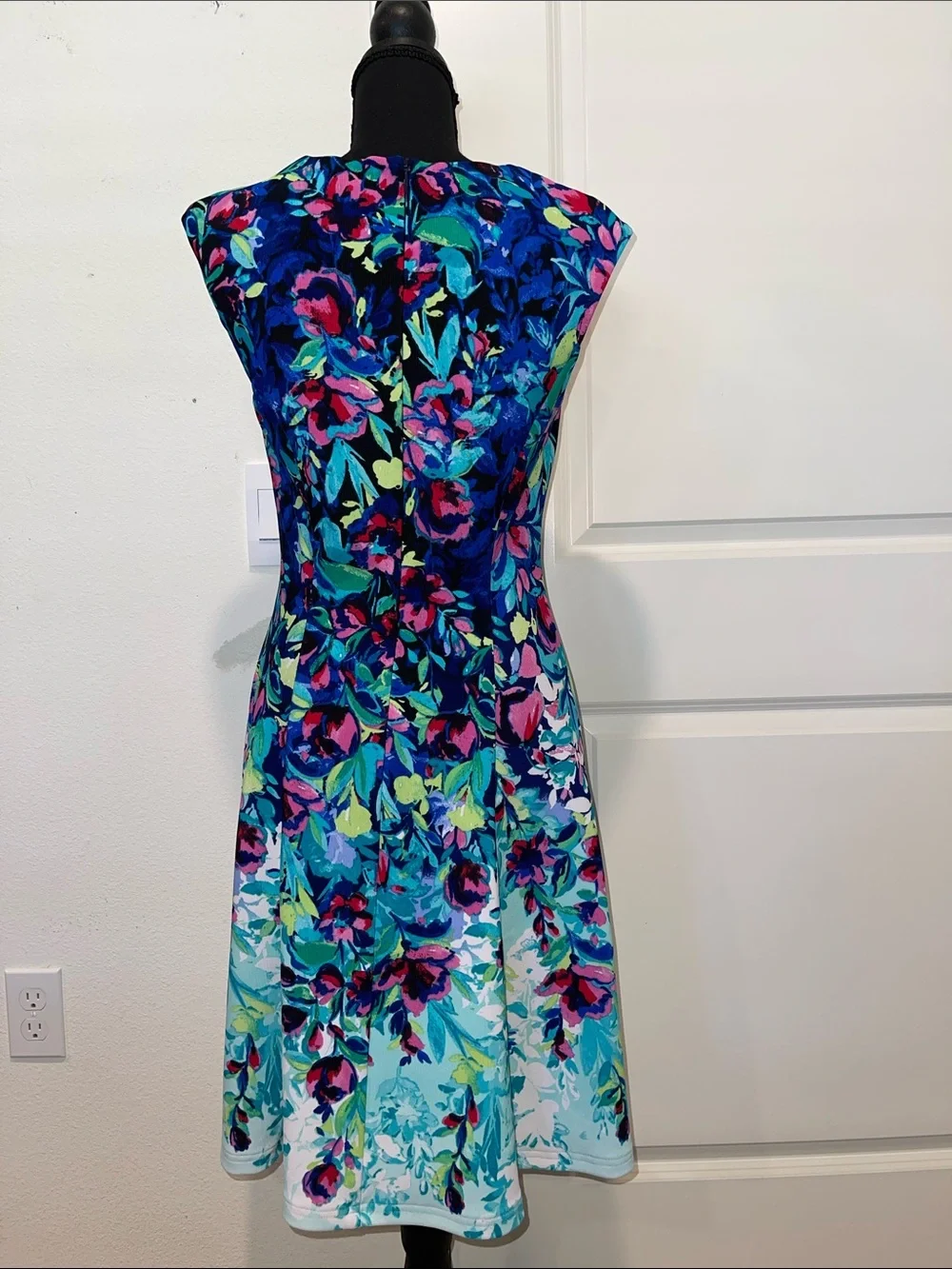 Floral Fit-and-Flare Dress in Teal and Multi-Color - Picture 3 of 4
